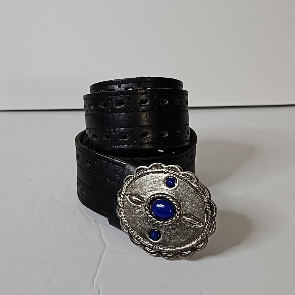 Leather Belt with Silvertone Buckle Black Pre-owned - Picture 1 of 5